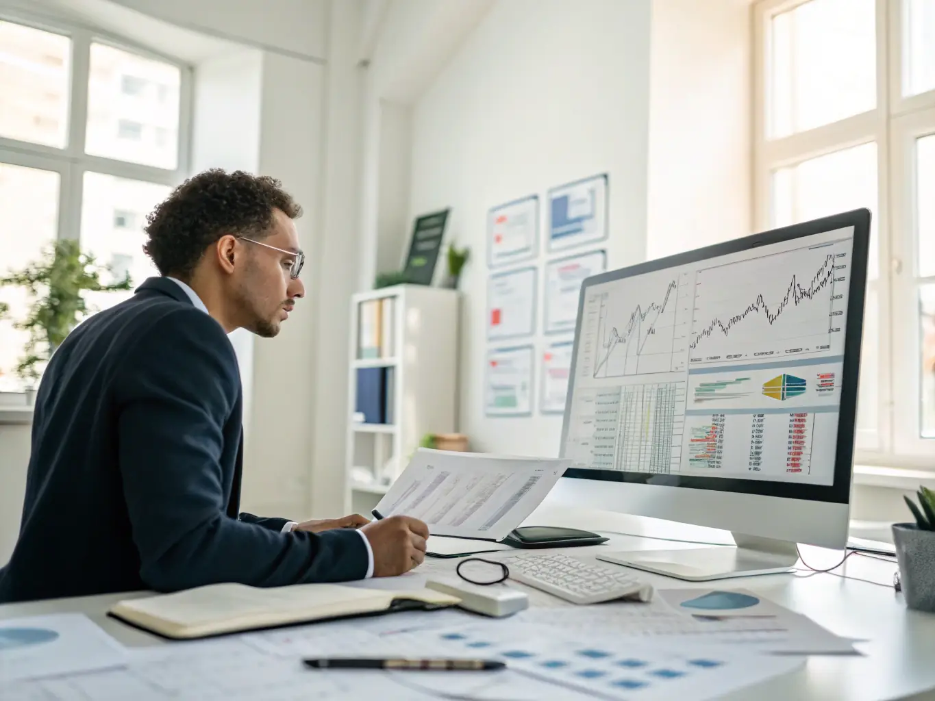 A professional image of a financial analyst reviewing capital allocation charts on a computer screen, in the context of Agdbrix's capital allocation solutions.