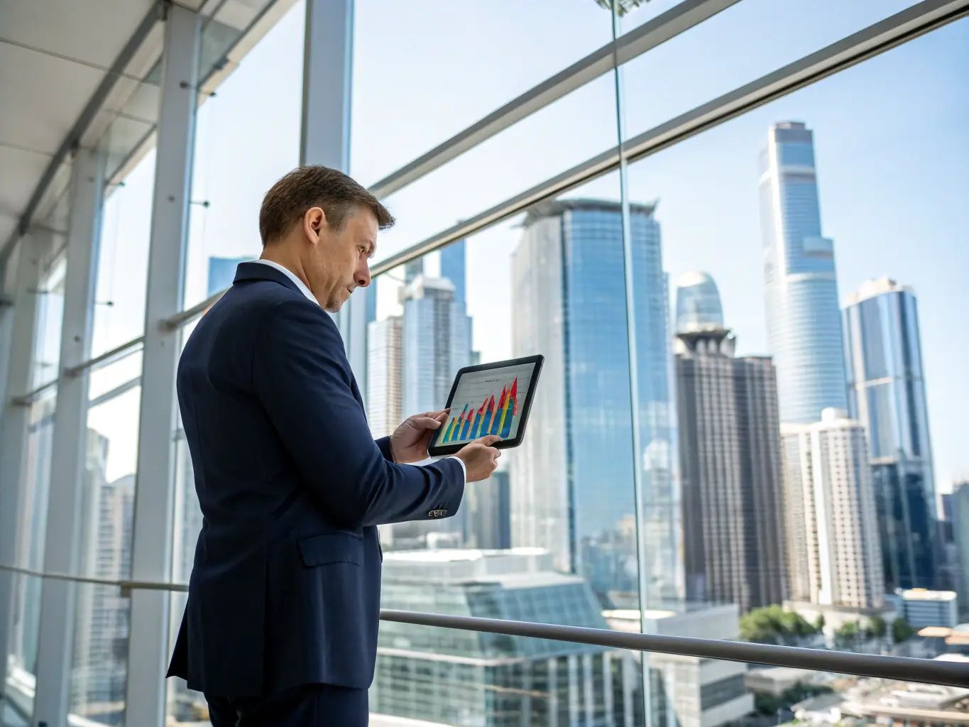 A professional in a suit reviewing compliance reports on a tablet, with a modern office background, symbolizing regulatory oversight and technology.